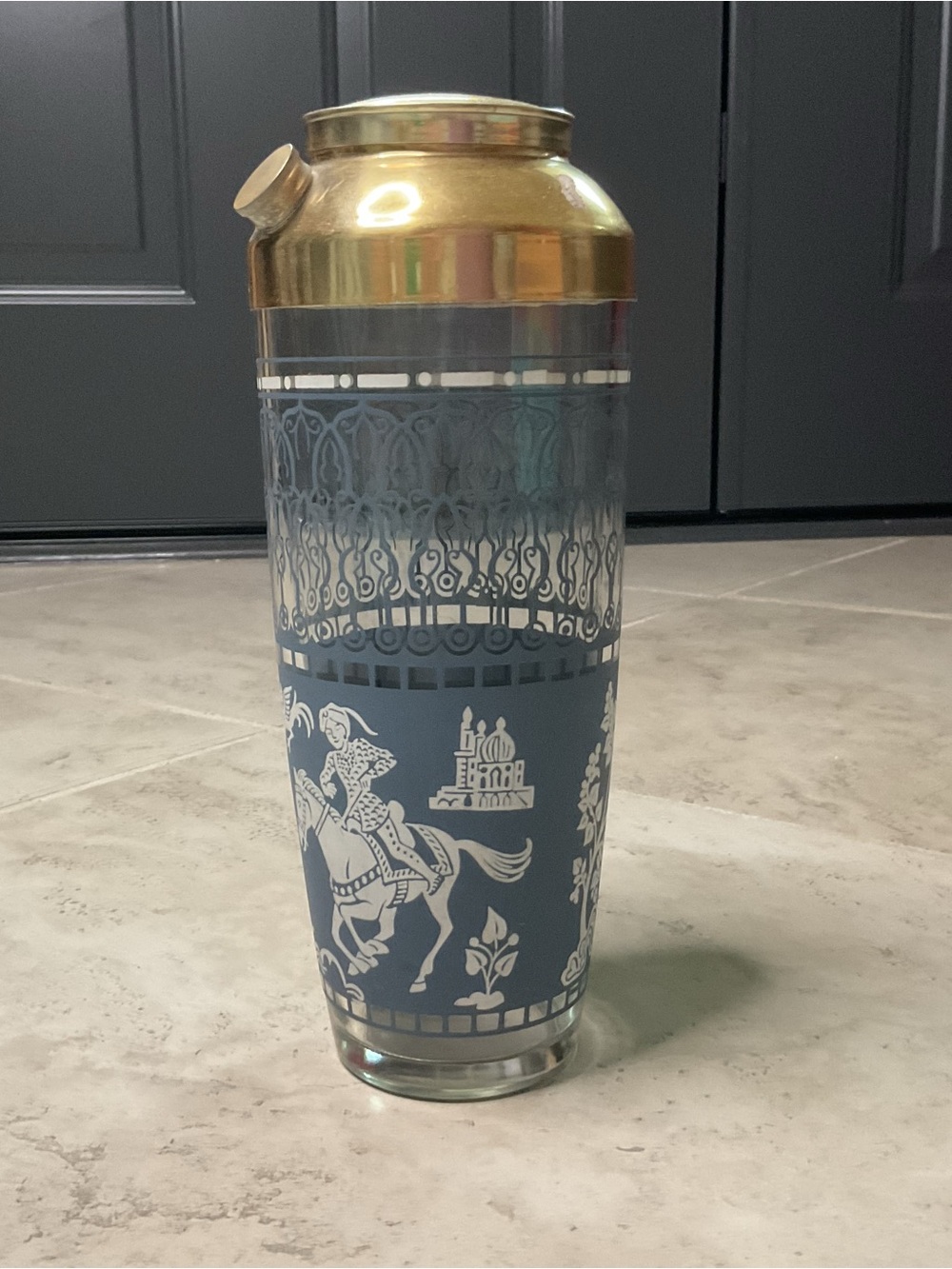 Vintage Hazel-Atlas Arabian Knights cocktail shaker,matte blue jasperware style